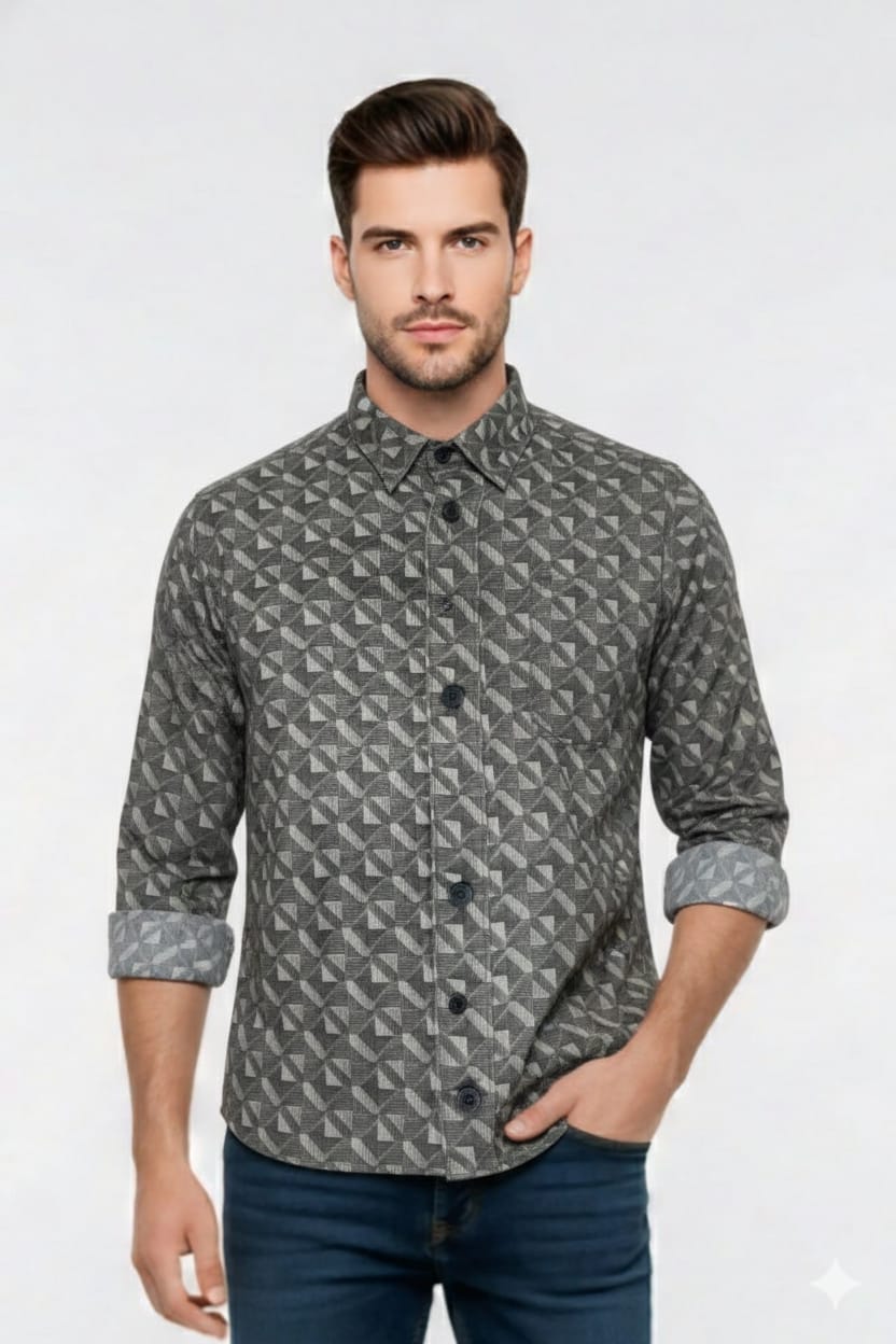 Men’s Grey Geometric Print Casual Shirt – Slim Fit, Full Sleeves