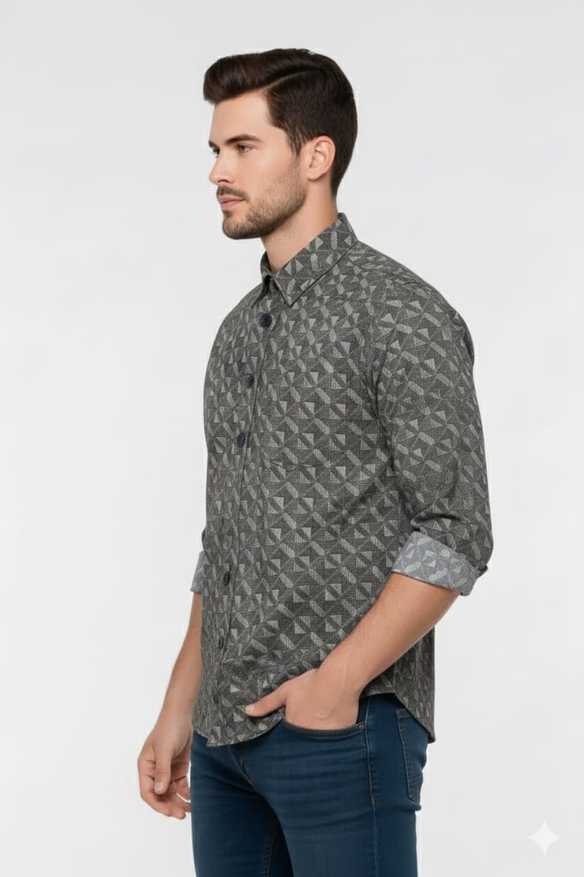 Men’s Grey Geometric Print Casual Shirt – Slim Fit, Full Sleeves (Copy)