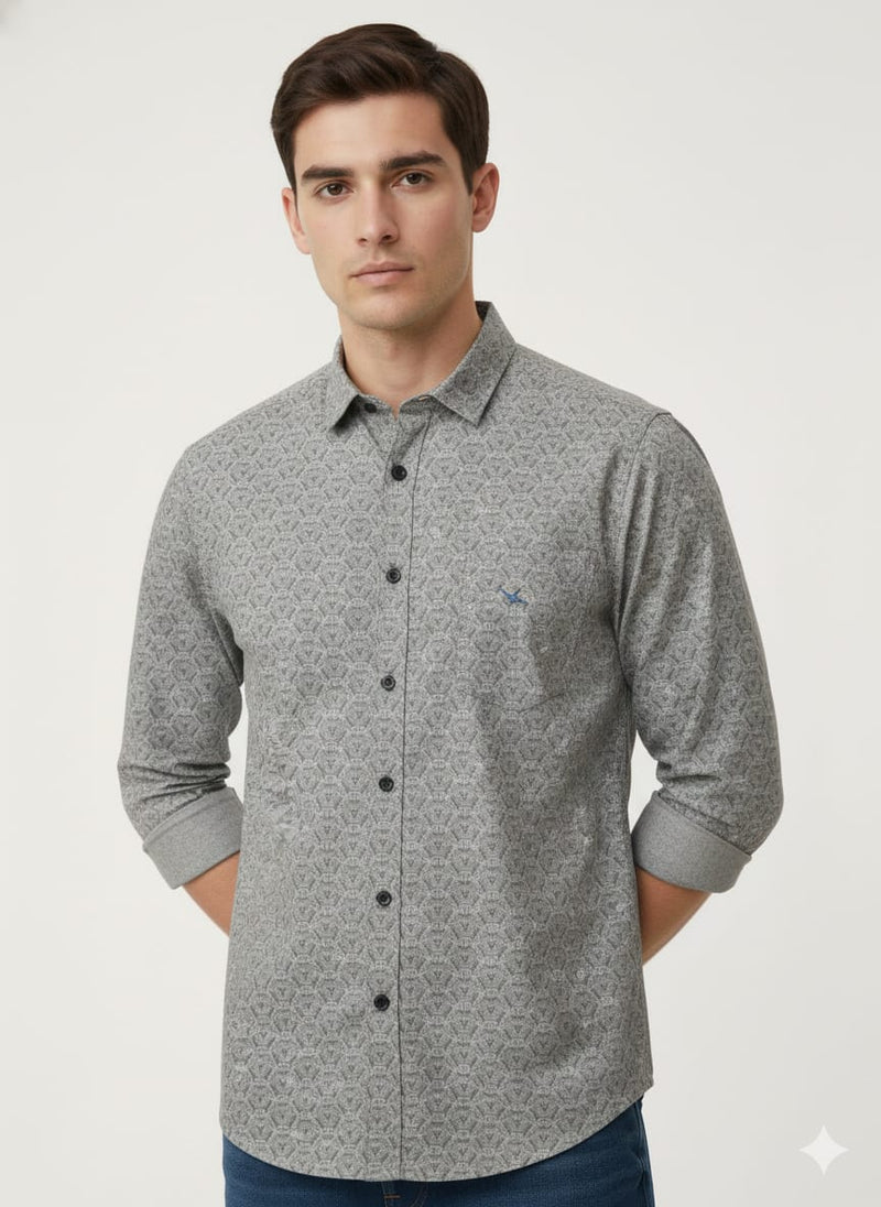 Men’s Premium Grey Printed Casual Shirt | Full Sleeves | Slim Fit Cotton Blend