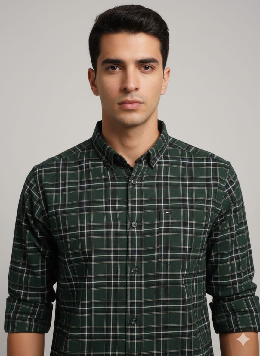 Men’s Dark Green Checkered Casual Shirt | Full Sleeves | Slim Fit Cotton Shirt