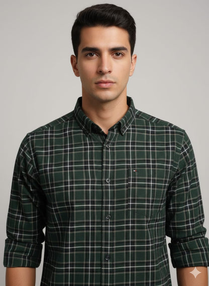 Men’s Dark Green Checkered Casual Shirt | Full Sleeves | Slim Fit Cotton Shirt