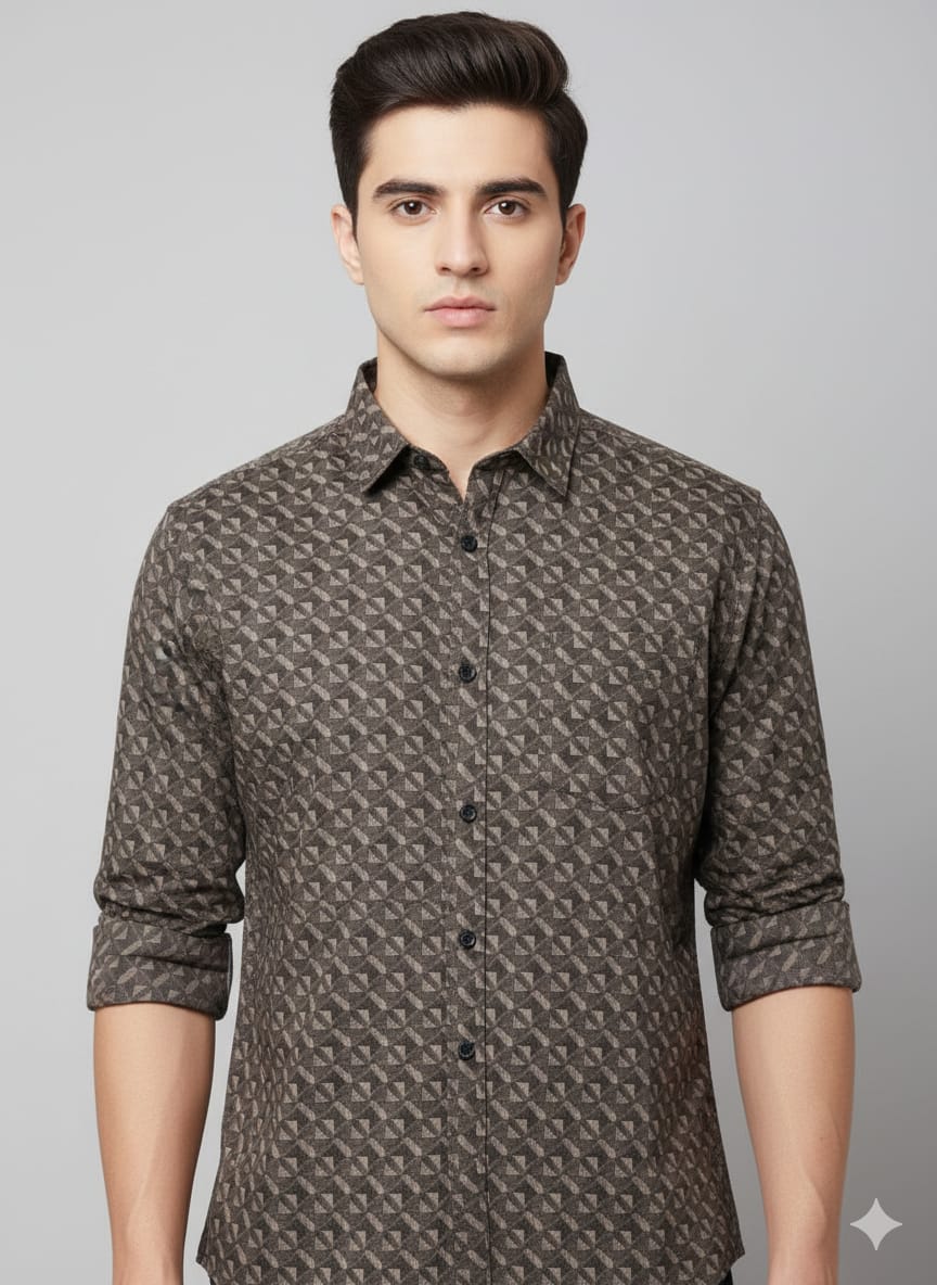 Men’s Premium Brown Geometric Printed Casual Shirt | Full Sleeves | Slim Fit Cotton Blend