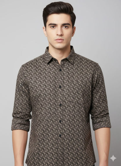 Men’s Premium Brown Geometric Printed Casual Shirt | Full Sleeves | Slim Fit Cotton Blend
