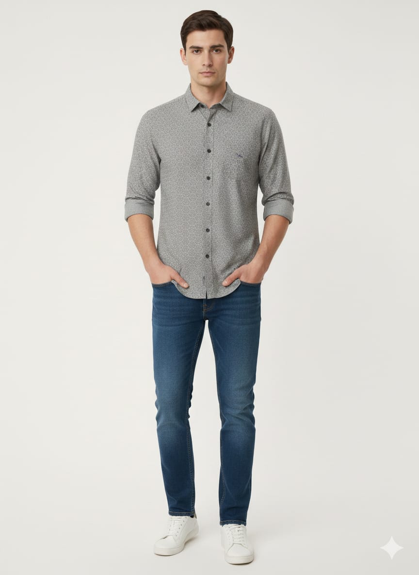Men’s Premium Grey Printed Casual Shirt | Full Sleeves | Slim Fit Cotton Blend