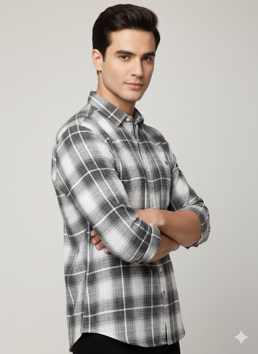 Men’s Classic Grey Checkered Casual Shirt | Full Sleeves | Slim Fit Cotton Shirt