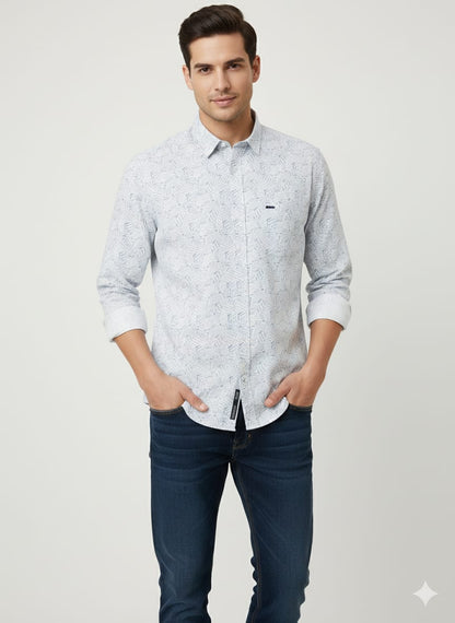 Men’s Premium White Printed Casual Shirt | Full Sleeves | Slim Fit Cotton Blend