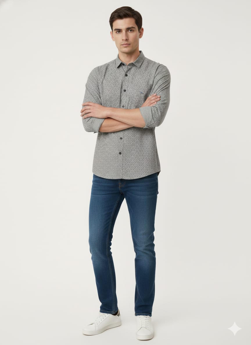 Men’s Premium Grey Printed Casual Shirt | Full Sleeves | Slim Fit Cotton Blend