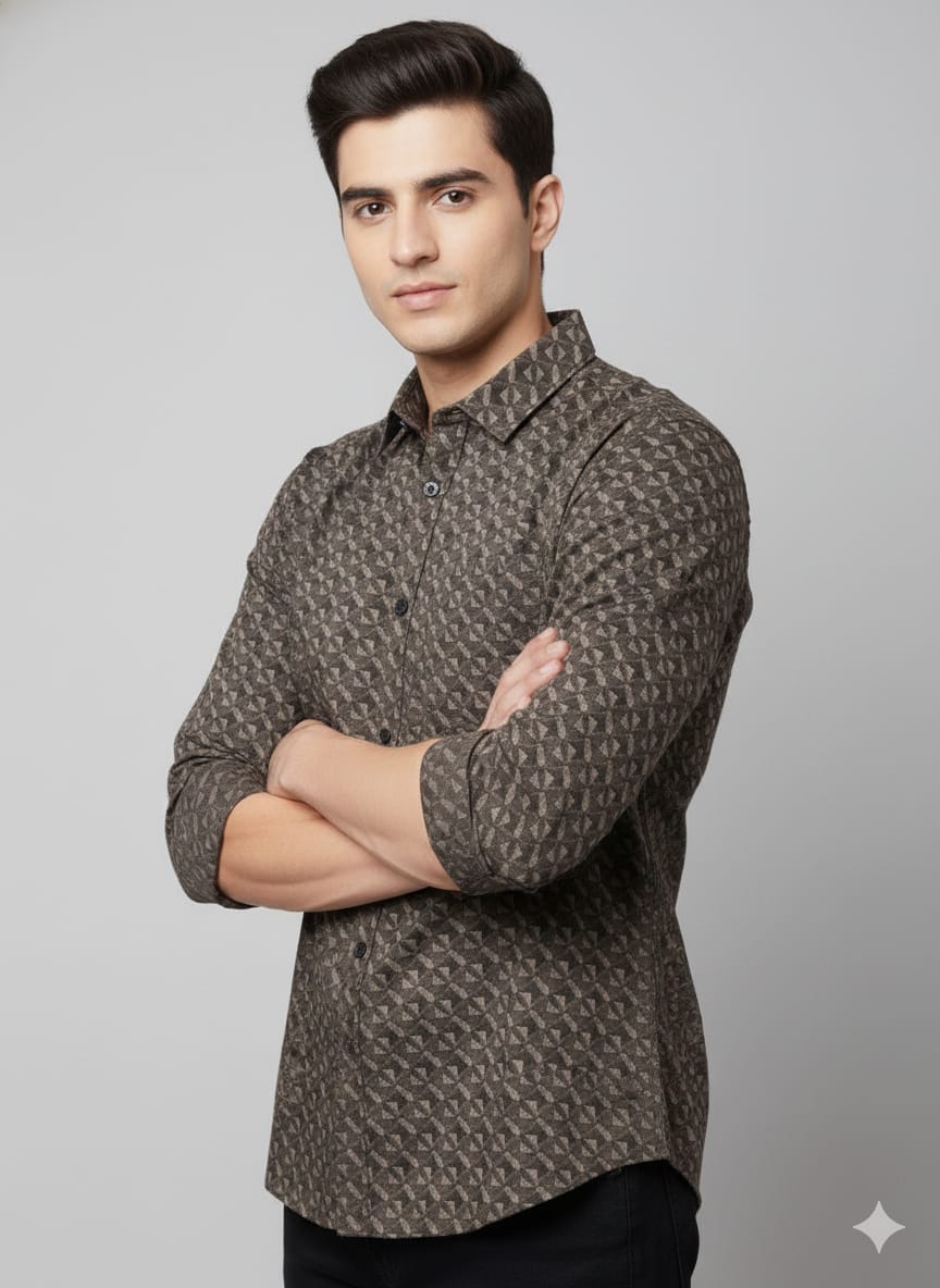 Men’s Premium Brown Geometric Printed Casual Shirt | Full Sleeves | Slim Fit Cotton Blend