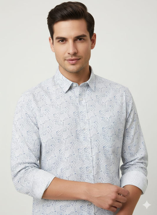 Men’s Premium White Printed Casual Shirt | Full Sleeves | Slim Fit Cotton Blend