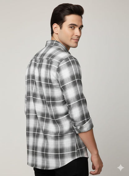 Men’s Classic Grey Checkered Casual Shirt | Full Sleeves | Slim Fit Cotton Shirt