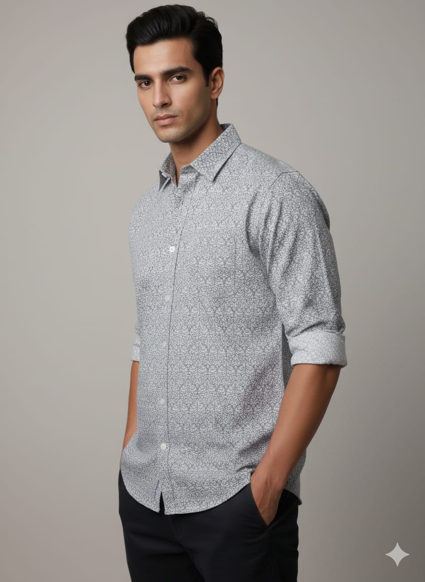 Men’s Premium Light Grey Printed Casual Shirt | Full Sleeves | Slim Fit Cotton Blend