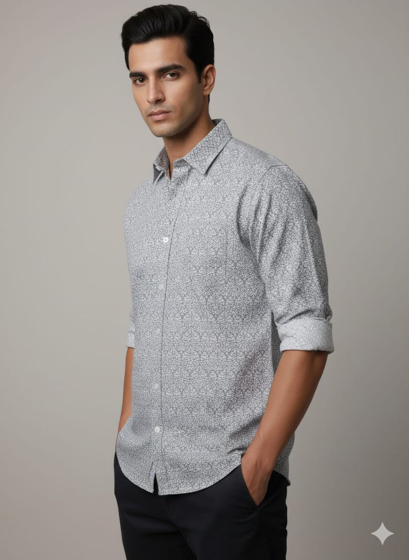 Men’s Premium Light Grey Printed Casual Shirt | Full Sleeves | Slim Fit Cotton Blend