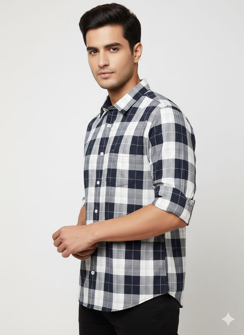 Men’s Navy Blue & White Checkered Casual Shirt | Full Sleeves | Slim Fit Cotton Shirt