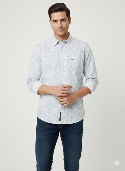 Men’s Premium White Printed Casual Shirt | Full Sleeves | Slim Fit Cotton Blend