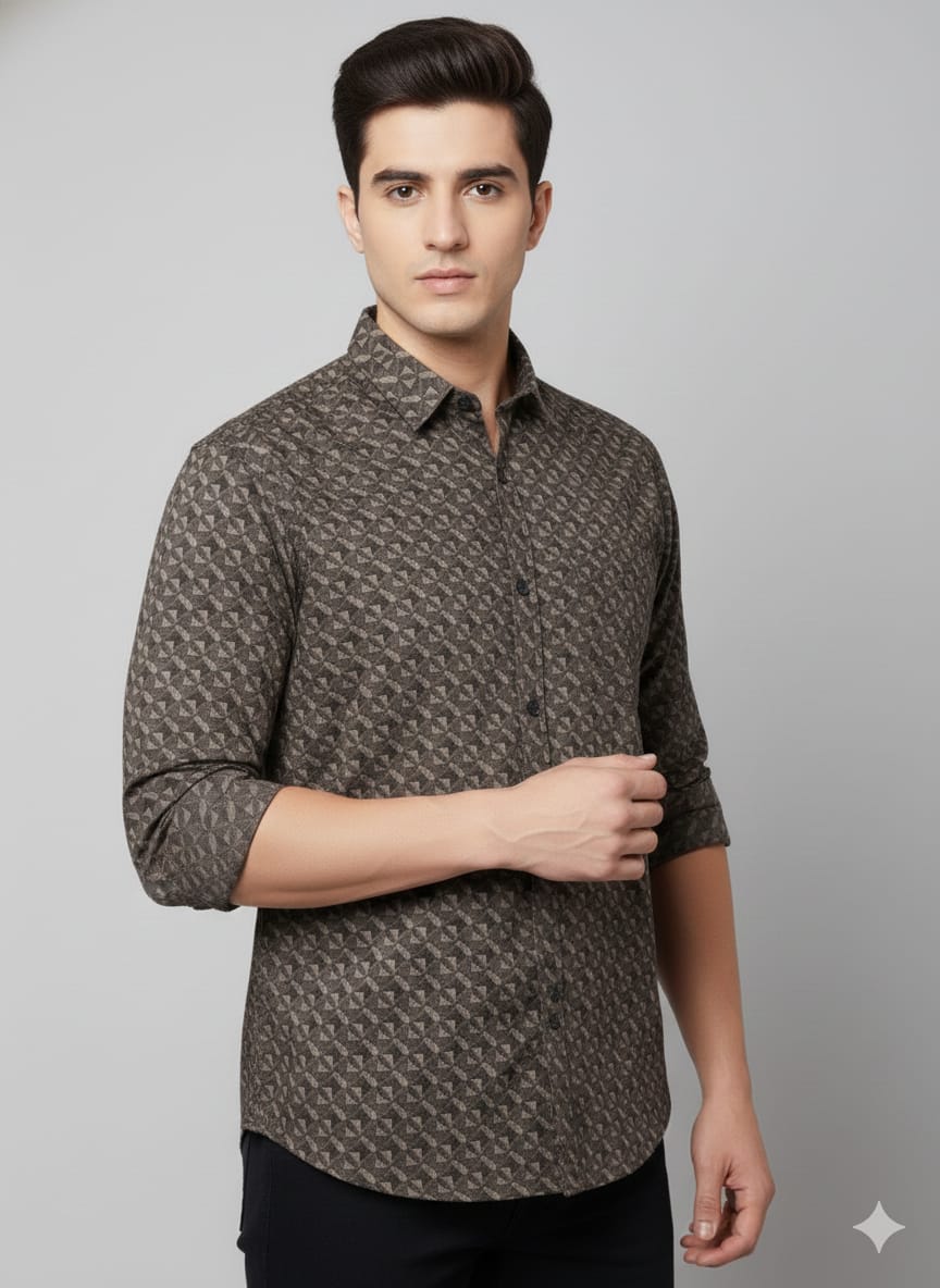 Men’s Premium Brown Geometric Printed Casual Shirt | Full Sleeves | Slim Fit Cotton Blend