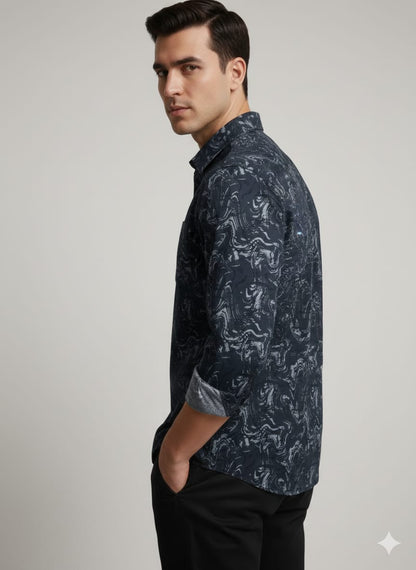 Men’s Premium Navy Blue Abstract Printed Casual Shirt | Full Sleeves | Slim Fit Cotton Blend
