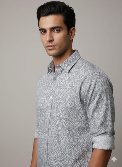 Men’s Premium Light Grey Printed Casual Shirt | Full Sleeves | Slim Fit Cotton Blend