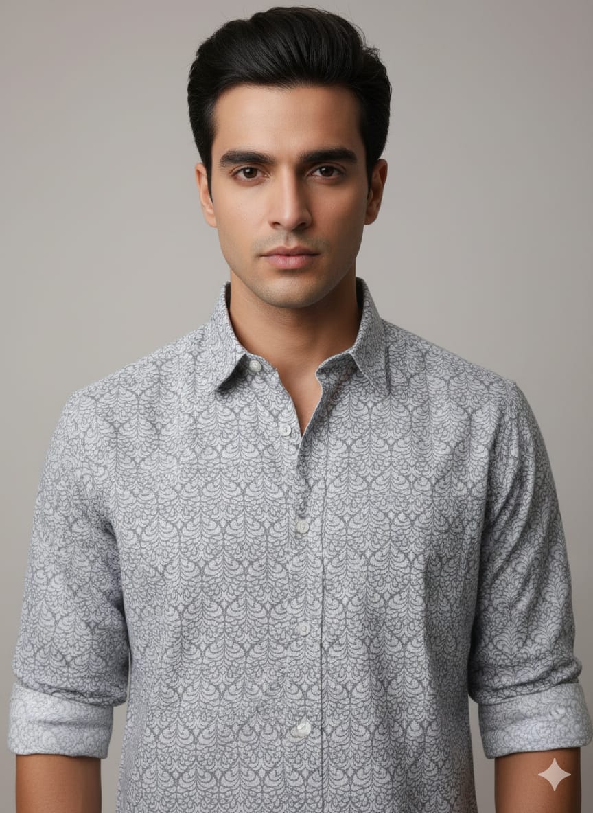 Men’s Premium Light Grey Printed Casual Shirt | Full Sleeves | Slim Fit Cotton Blend