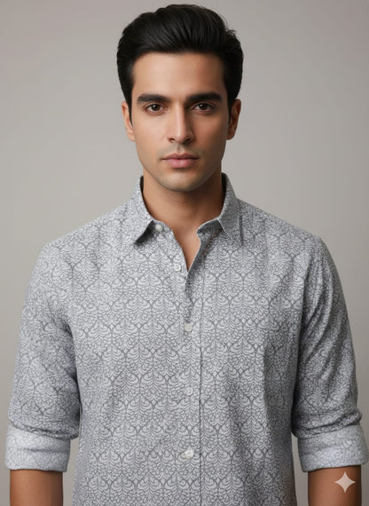 Men’s Premium Light Grey Printed Casual Shirt | Full Sleeves | Slim Fit Cotton Blend