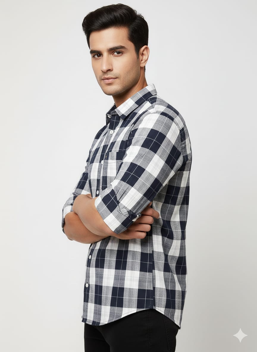 Men’s Navy Blue & White Checkered Casual Shirt | Full Sleeves | Slim Fit Cotton Shirt