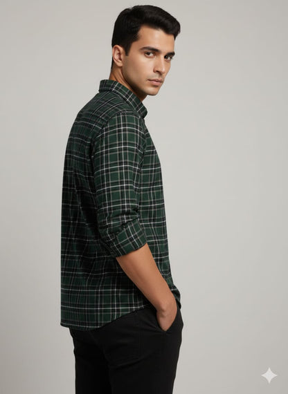 Men’s Dark Green Checkered Casual Shirt | Full Sleeves | Slim Fit Cotton Shirt