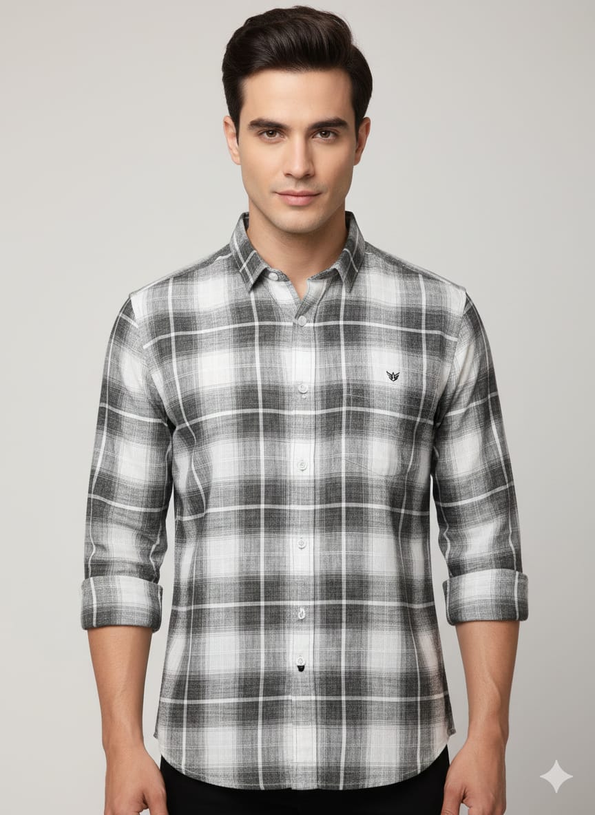 Men’s Classic Grey Checkered Casual Shirt | Full Sleeves | Slim Fit Cotton Shirt
