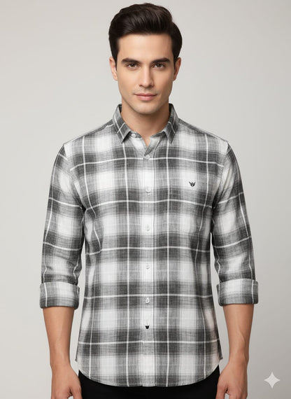 Men’s Classic Grey Checkered Casual Shirt | Full Sleeves | Slim Fit Cotton Shirt