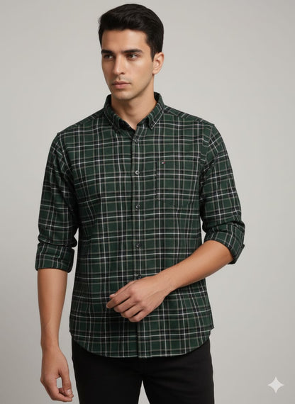Men’s Dark Green Checkered Casual Shirt | Full Sleeves | Slim Fit Cotton Shirt