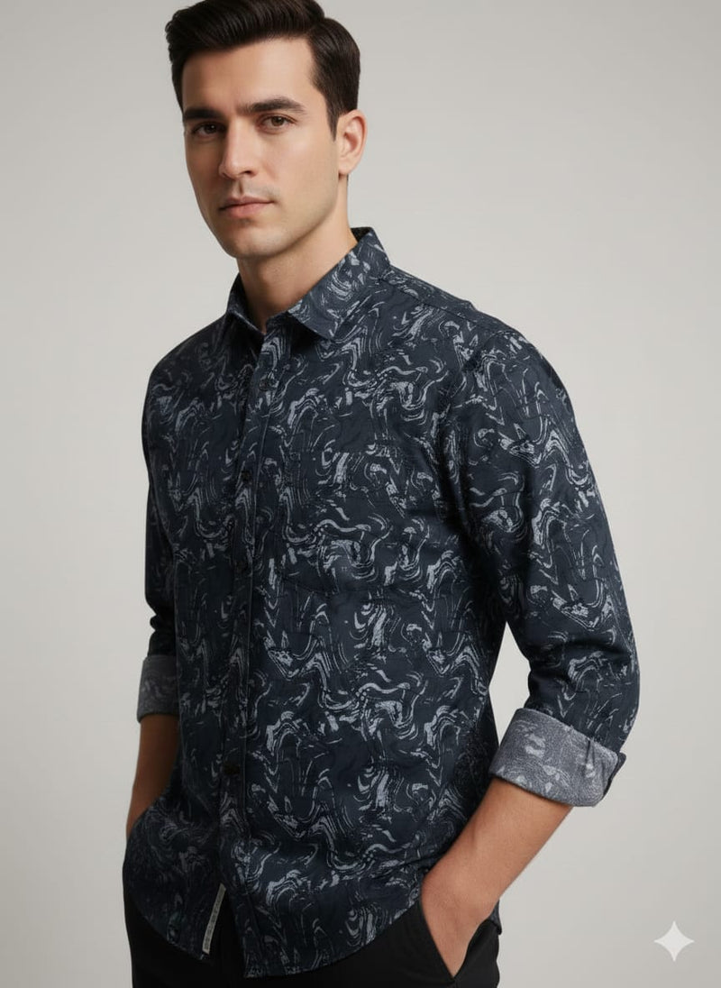 Men’s Premium Navy Blue Abstract Printed Casual Shirt | Full Sleeves | Slim Fit Cotton Blend