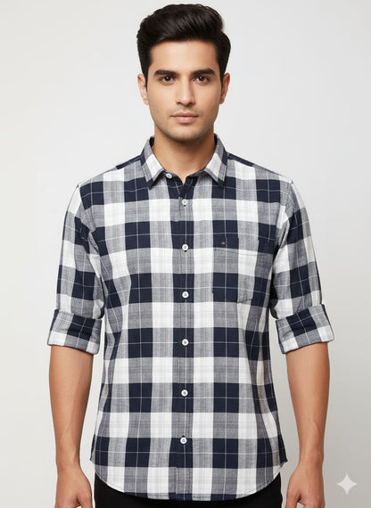 Men’s Navy Blue & White Checkered Casual Shirt | Full Sleeves | Slim Fit Cotton Shirt